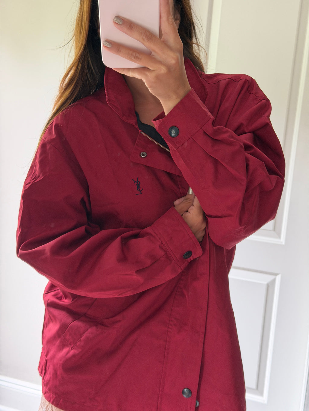 Yves Saint Laurent Vintage 90s Red YSL Logo Windbreaker Jacket Navy Logo Hidden Hood Size 100 Oversized