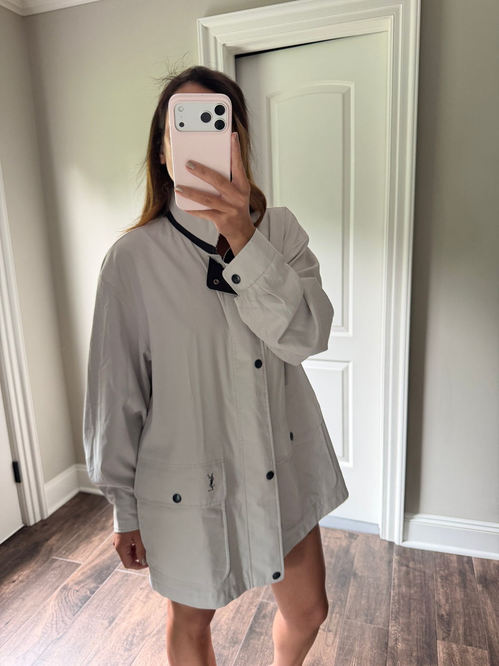 Yves Saint Laurent Vintage 90s Reversible YSL Logo Windbreaker Jacket Navy & Light Gray Hidden Hood Size 100 Oversized