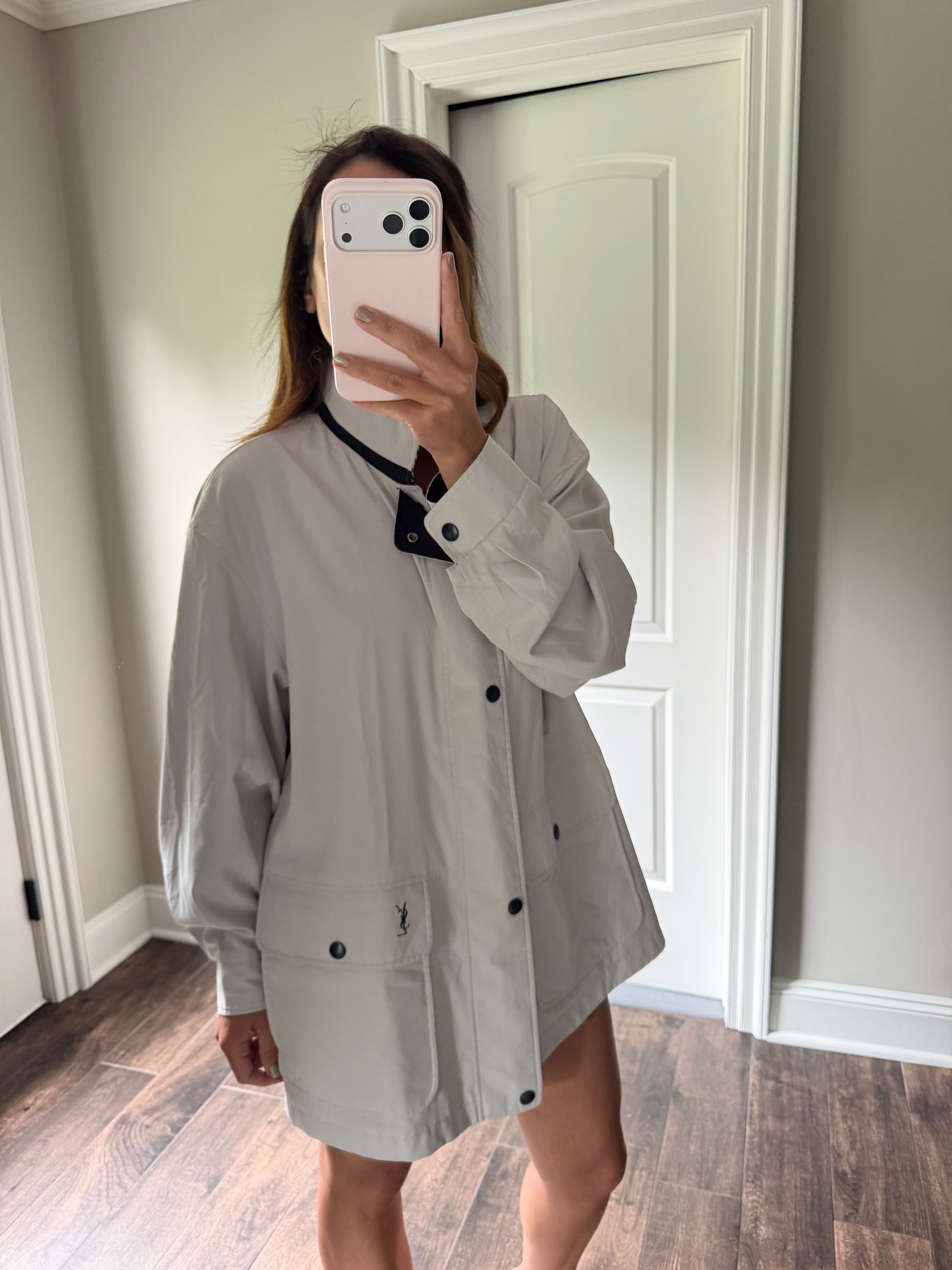 Yves Saint Laurent Vintage 90s Reversible YSL Logo Windbreaker Jacket Navy & Light Gray Hidden Hood Size 100 Oversized
