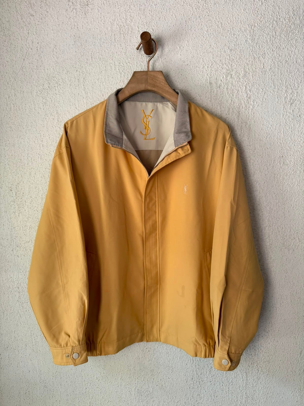 Yves Saint Laurent Vintage 90s Yellow YSL Logo Windbreaker Jacket White Logo Size 110 Oversized