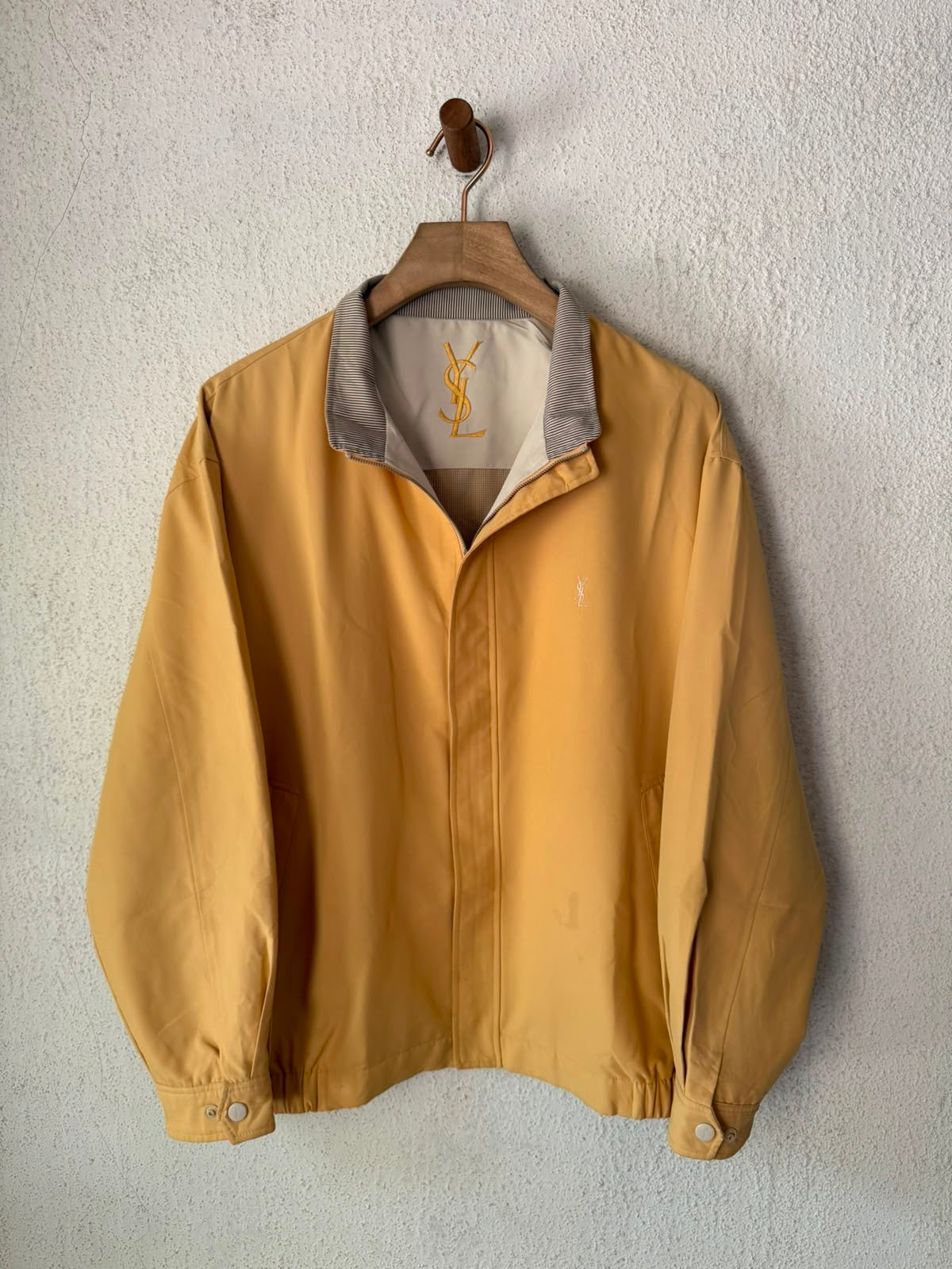 Yves Saint Laurent Vintage 90s Yellow YSL Logo Windbreaker Jacket White Logo Size 110 Oversized