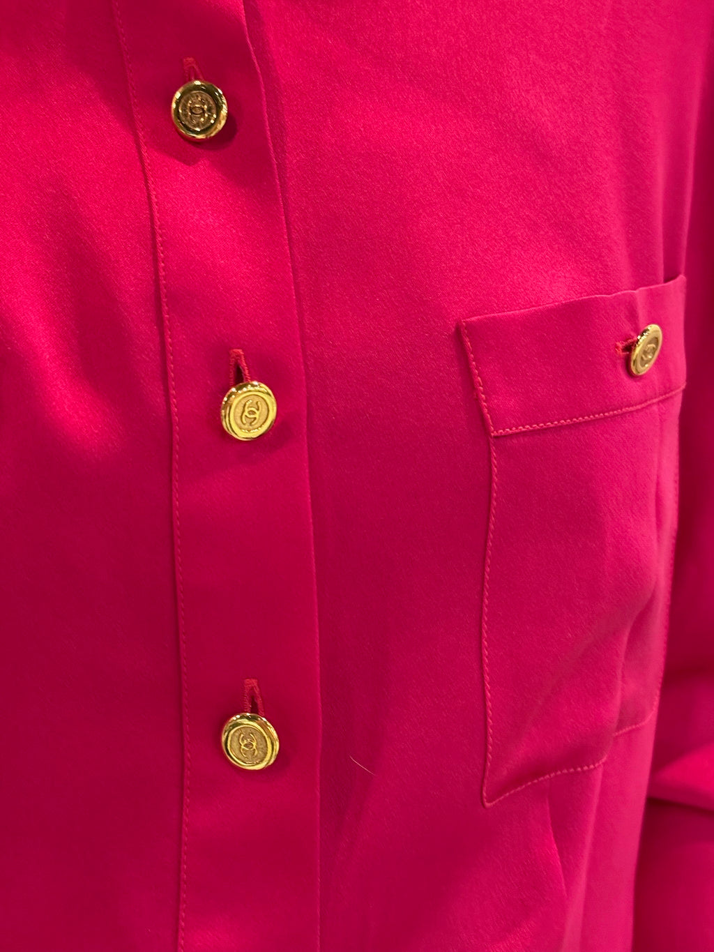 Chanel 1991 Pink Silk Button-Up Blouse Gold CC Logo Buttons FR36