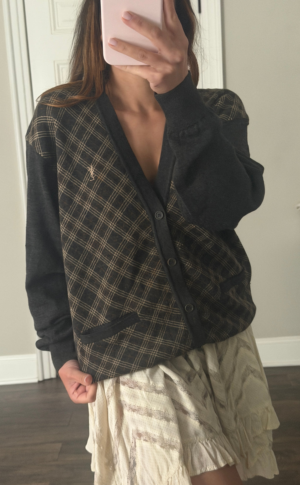 Yves Saint Laurent YSL Argyle Knit Cardigan Sweater Size 95 Black Brown Wool Blend