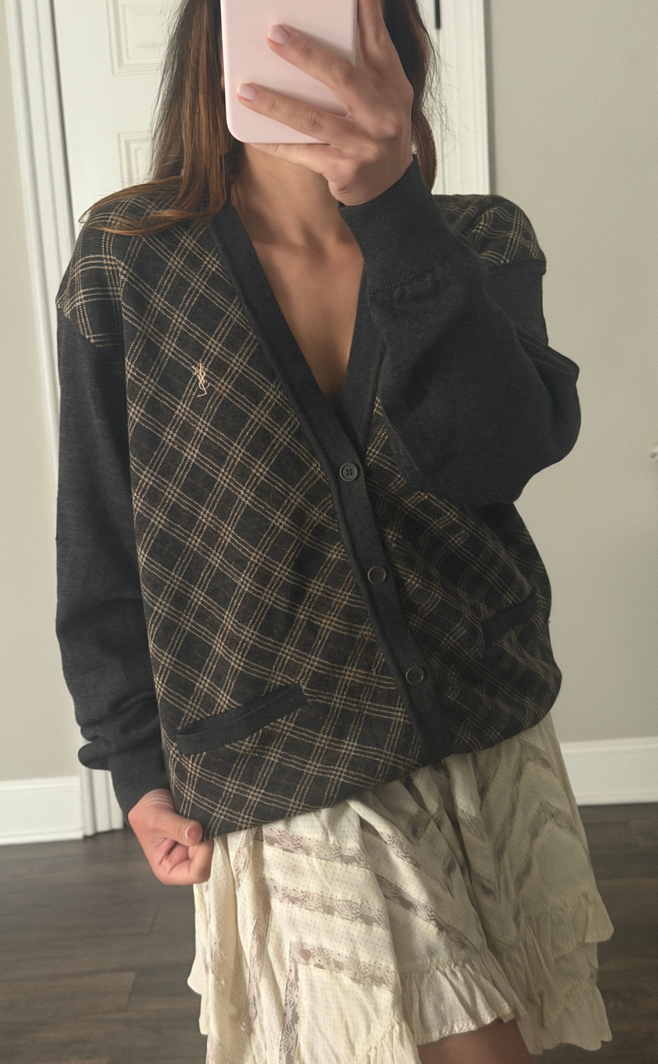 Yves Saint Laurent YSL Argyle Knit Cardigan Sweater Size 95 Black Brown Wool Blend