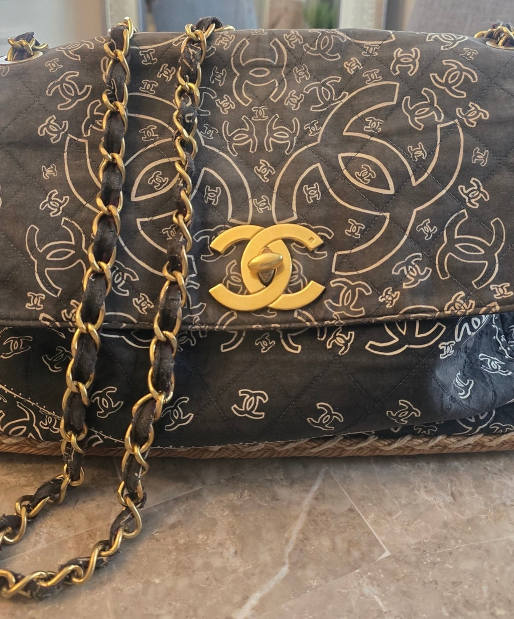 CHANEL 1990s Vintage Bandana Jumbo Flap Bag Black CC Logo 24K Gold Chain Rare