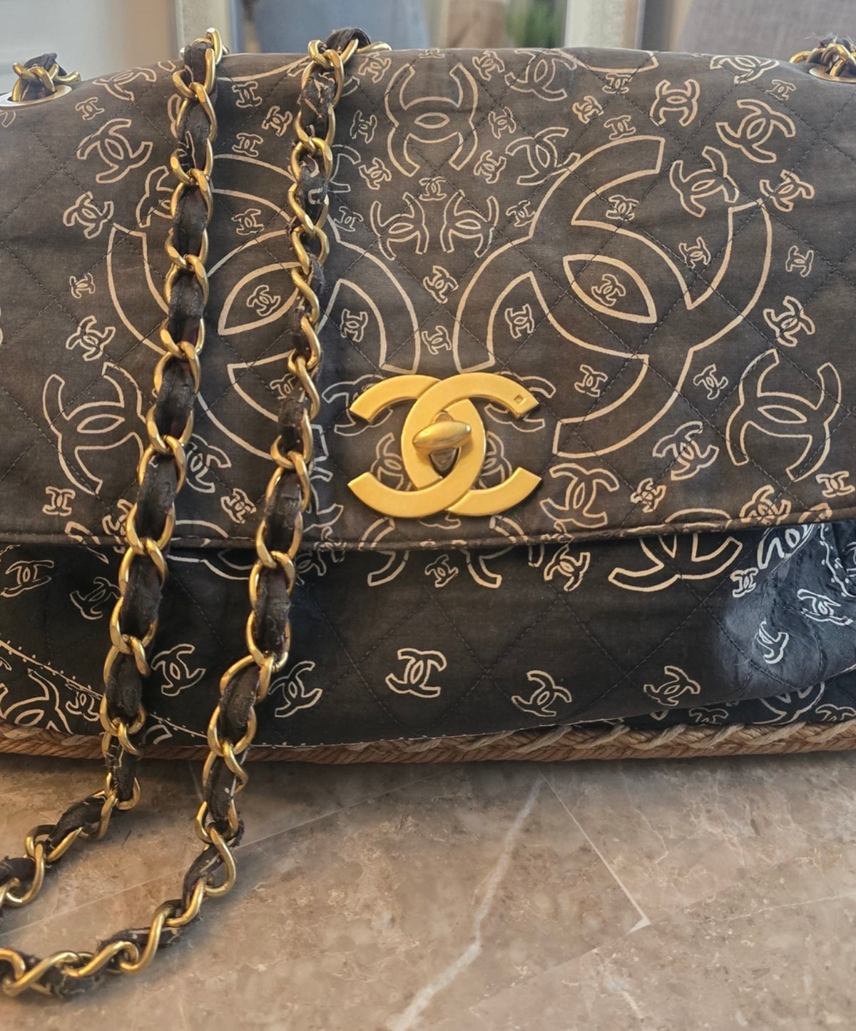 CHANEL 1990s Vintage Bandana Jumbo Flap Bag Black CC Logo 24K Gold Chain Rare