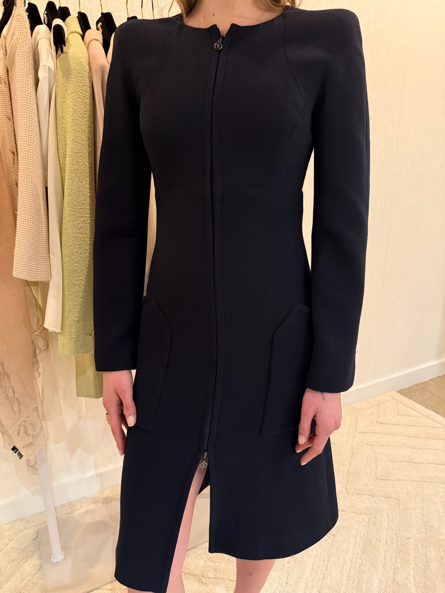 Chanel 1997 Navy Double Zip Coat Dress FR 38 | CC Logo Zippers | Fall 1997 Collection