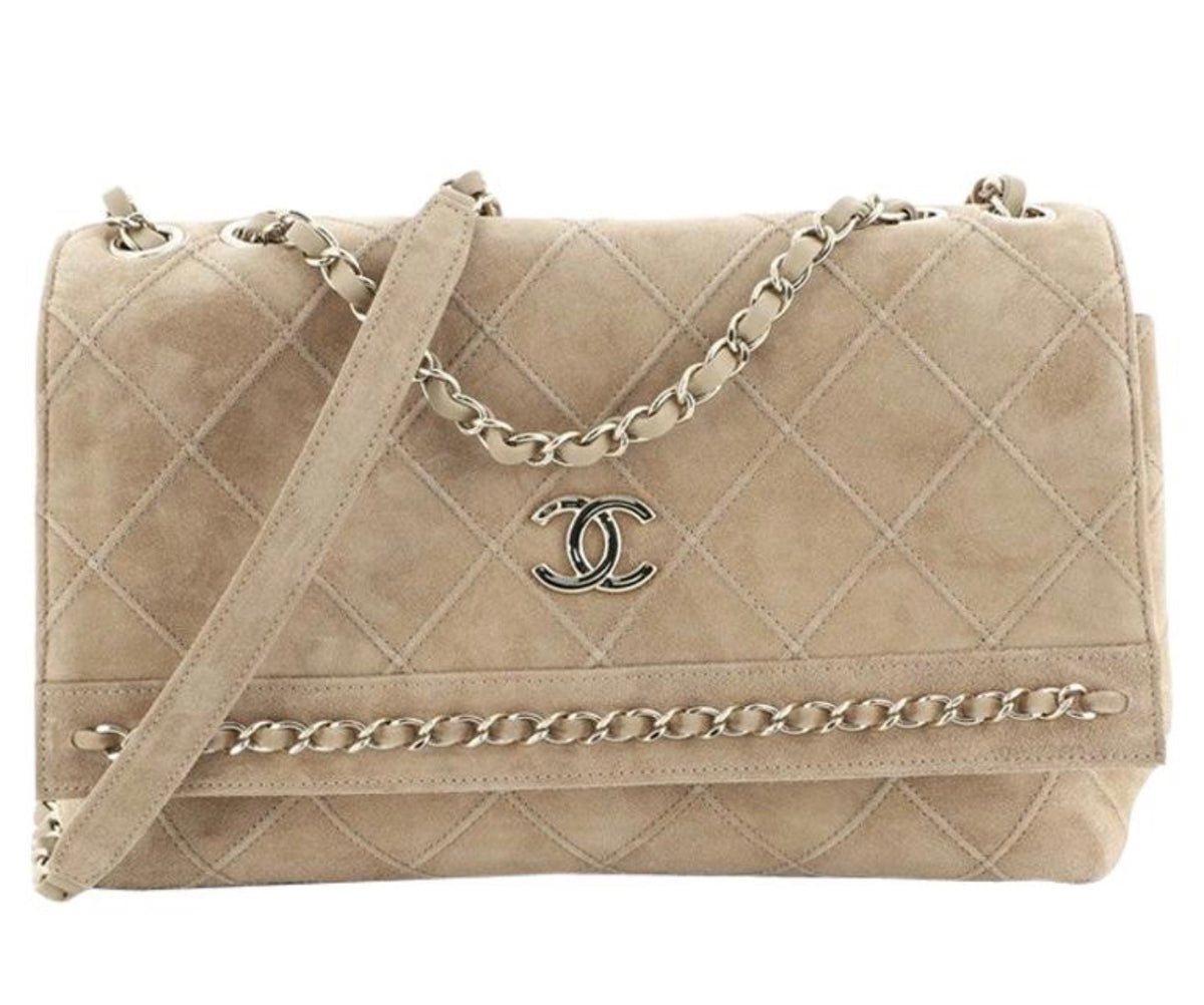 Chanel Vintage CC Stitched Suede Medium Flap Shoulder Bag Gold Chain Circa 2019–2020