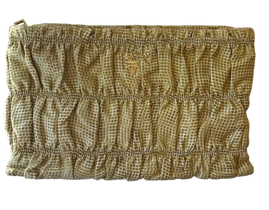 Prada Gaufre Vintage Ruched Gold & Cream Check Clutch Bag Wristlet Made in Italy