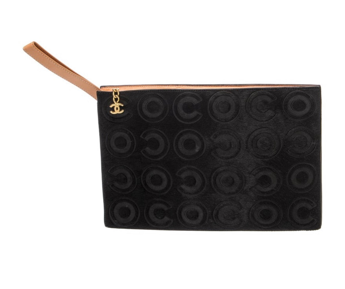Chanel 2000–2002 Black Pony Hair CC Logo Wristlet Clutch