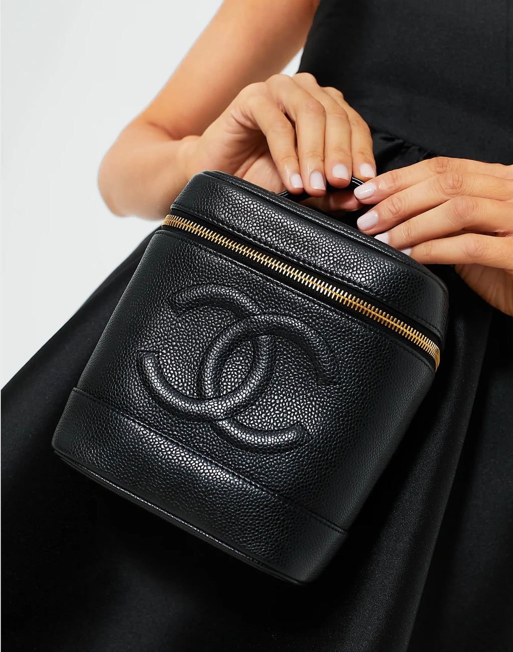 Chanel Vintage Black Caviar Leather CC Vanity Case with Box