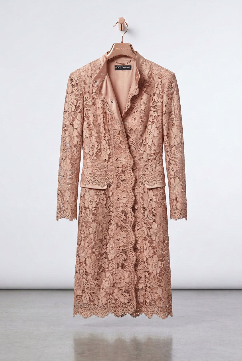 Dolce & Gabbana Champagne Pink Floral Lace Overcoat Jacket Size 38
