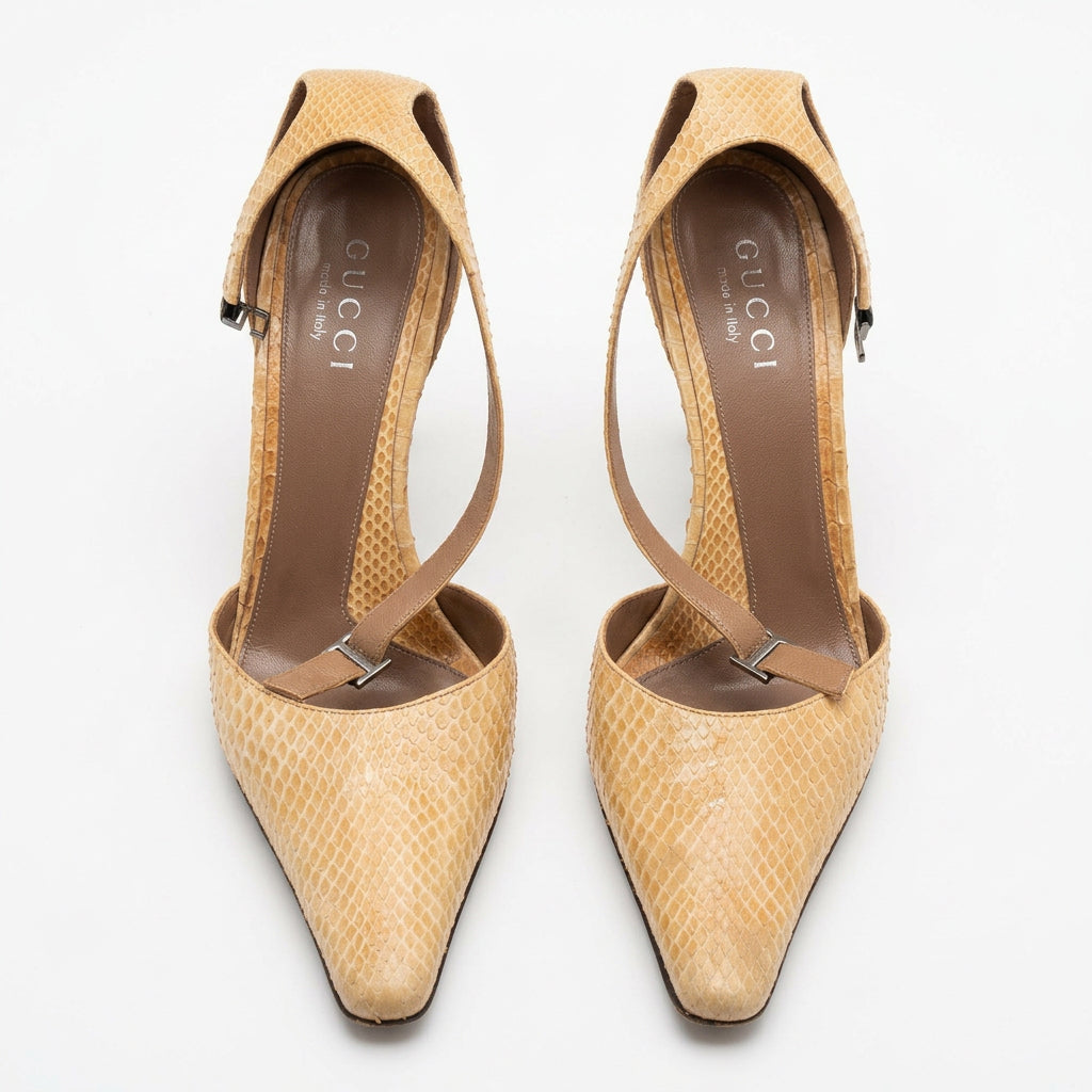 Gucci Snakeskin D’Orsay Pointed Toe Ankle Strap Heels