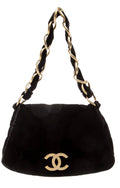 Chanel 2003/2004 Black Velvet CC Logo Chain Shoulder Bag Gold Hardware