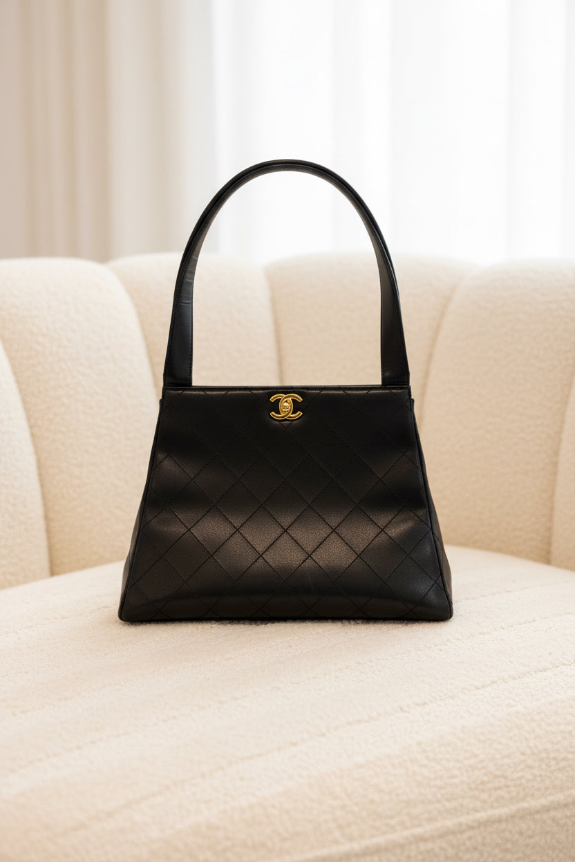 Chanel Vintage Black Matelassé Shoulder Bag Gold CC Logo Quilted Leather Handbag