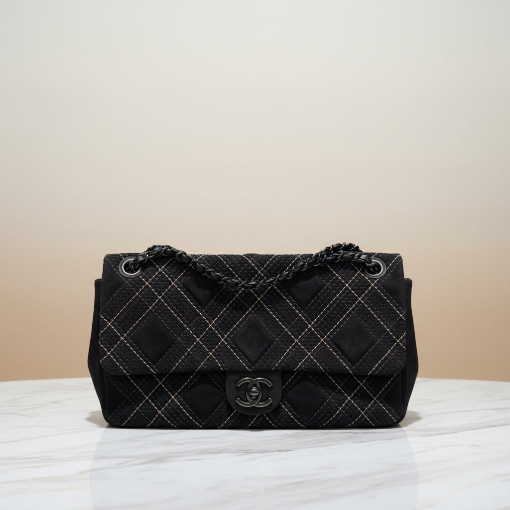 Chanel Jumbo Saltire Single Flap Grey Suede Multicolor Stitch Shoulder Bag 2013-2014