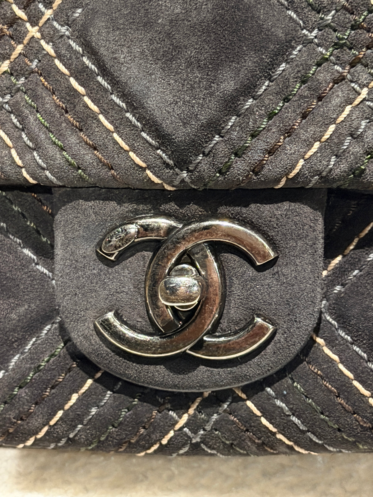 Chanel Jumbo Saltire Single Flap Grey Suede Multicolor Stitch Shoulder Bag 2013-2014
