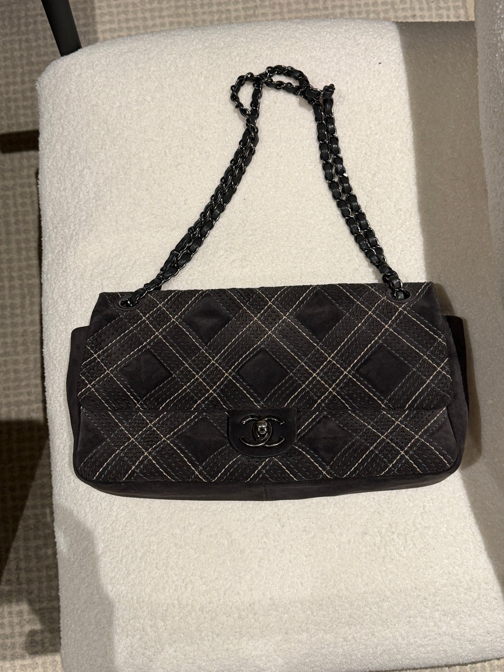 Chanel Jumbo Saltire Single Flap Grey Suede Multicolor Stitch Shoulder Bag 2013-2014
