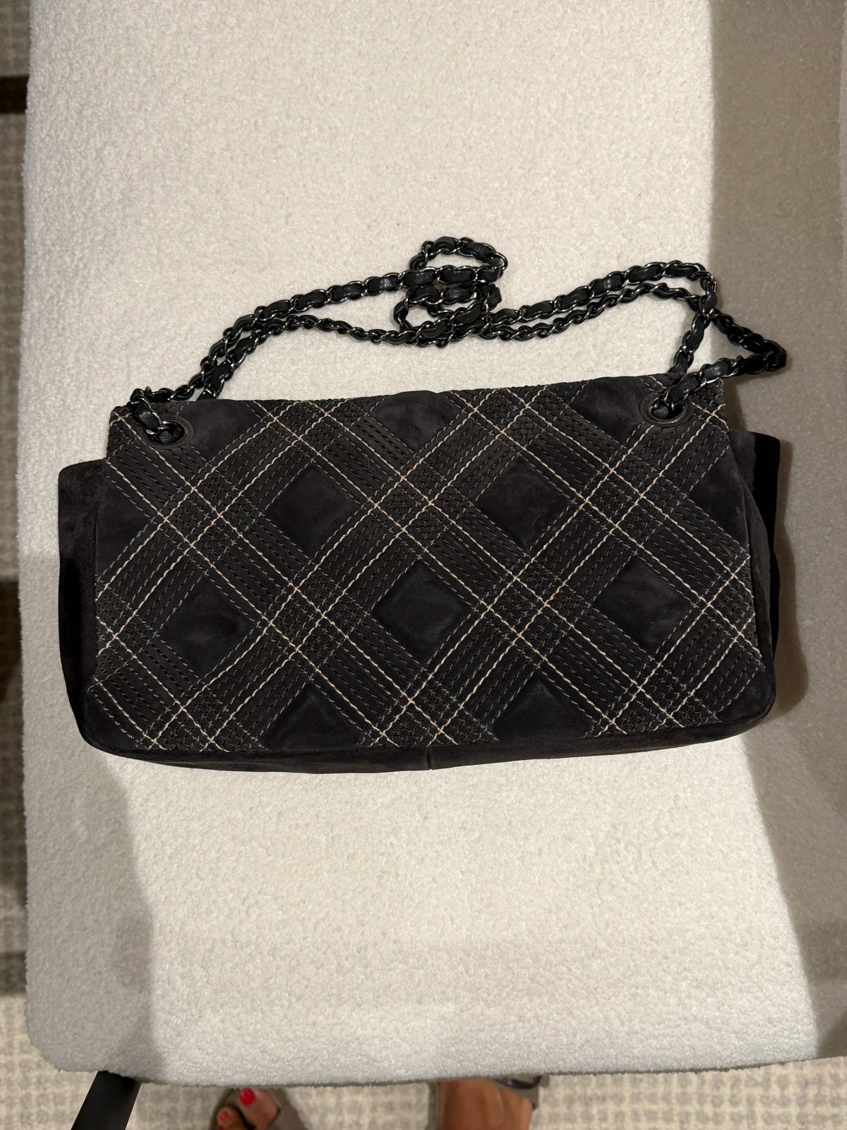 Chanel Jumbo Saltire Single Flap Grey Suede Multicolor Stitch Shoulder Bag 2013-2014
