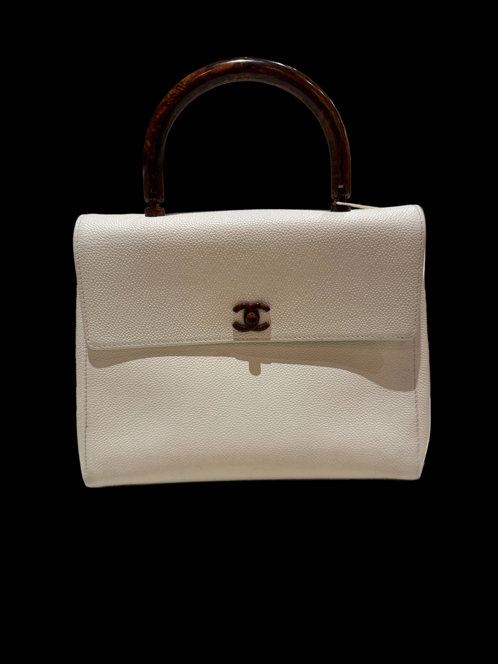 Chanel Kelly Top Handle Bag Off White Caviar Leather Wooden CC Turn Lock & Wood Handle 2000 2002 Vintage