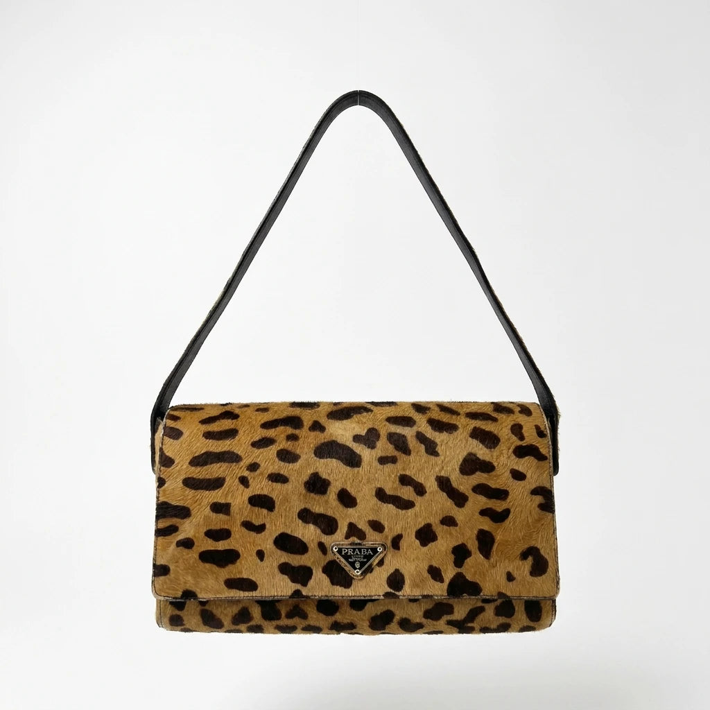 Prada Leopard Print Pony Hair Baguette Shoulder Bag