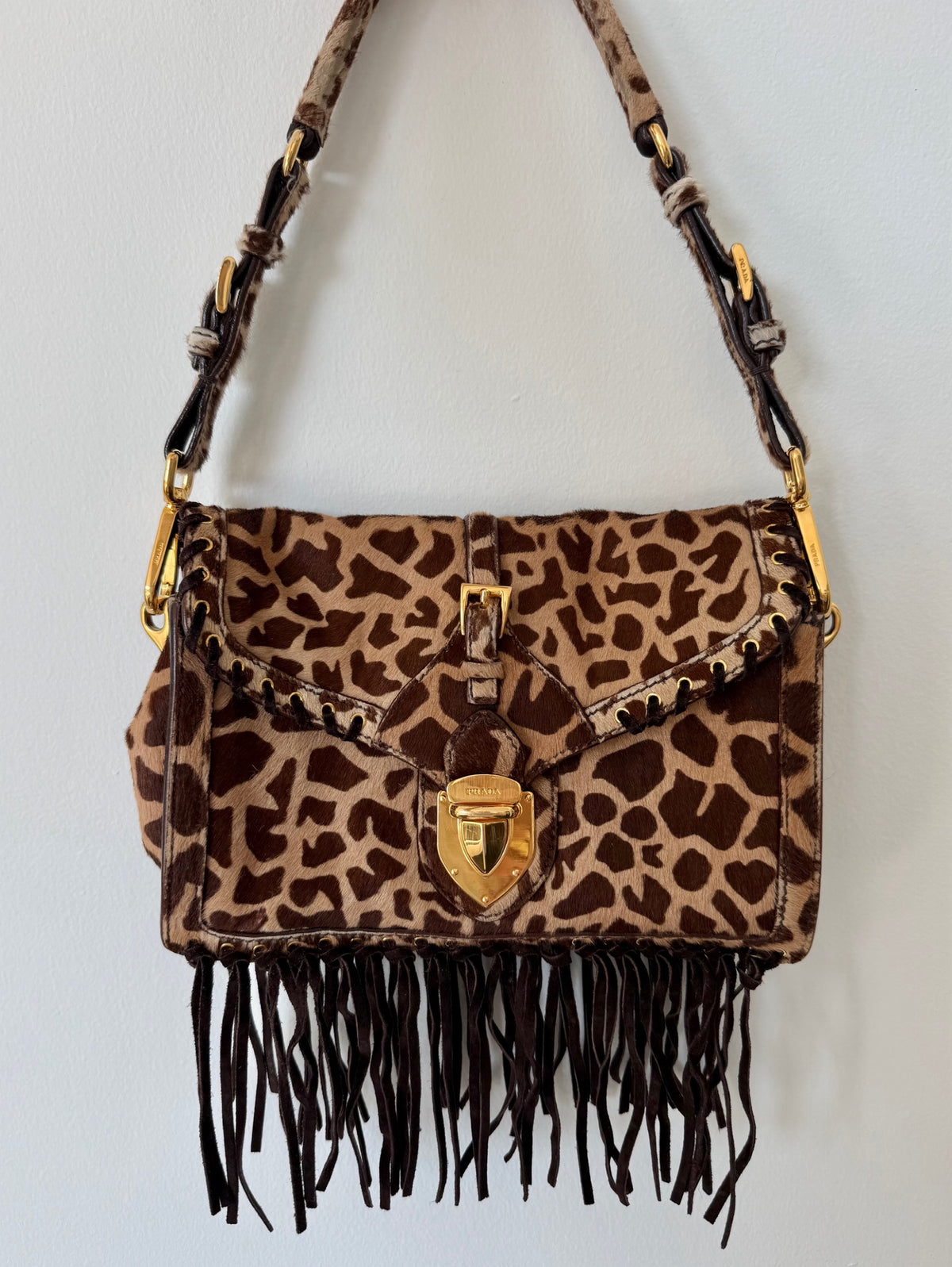 Prada Cavallino Scamosciato Leopard Pony Hair Fringe Flap Shoulder Bag