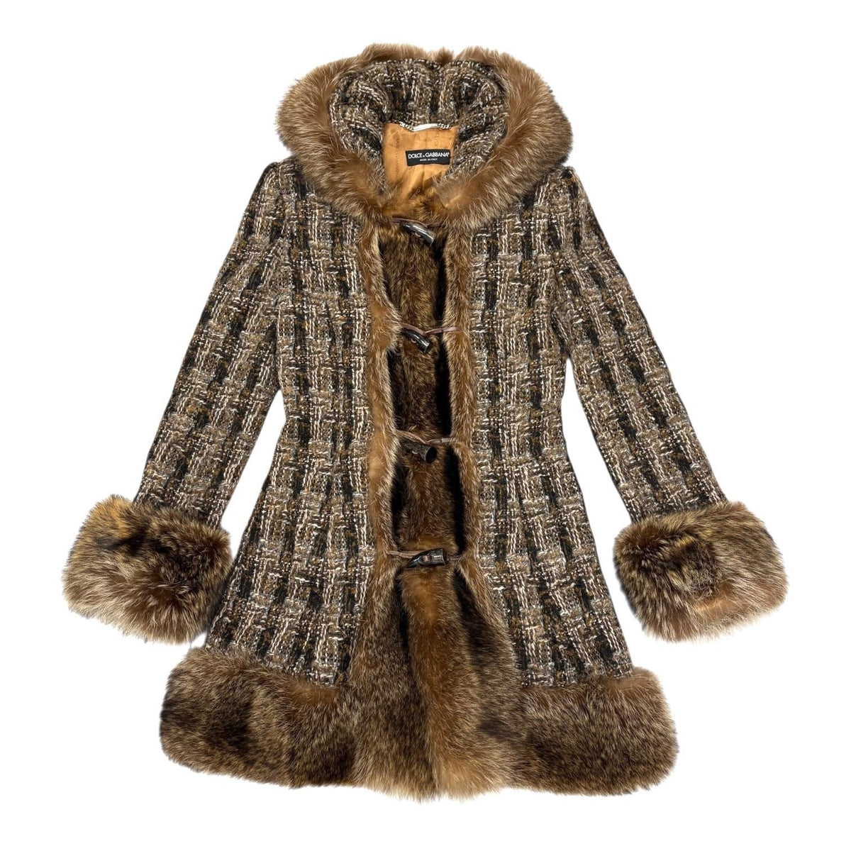 Dolce & Gabbana 2000s Tweed Wool Raccoon Fur Maxi Coat