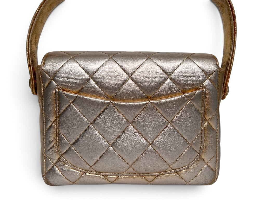 Chanel 1994–1996 Gold Metallic Quilted Matelassé Mini Top Handle Flap Bag