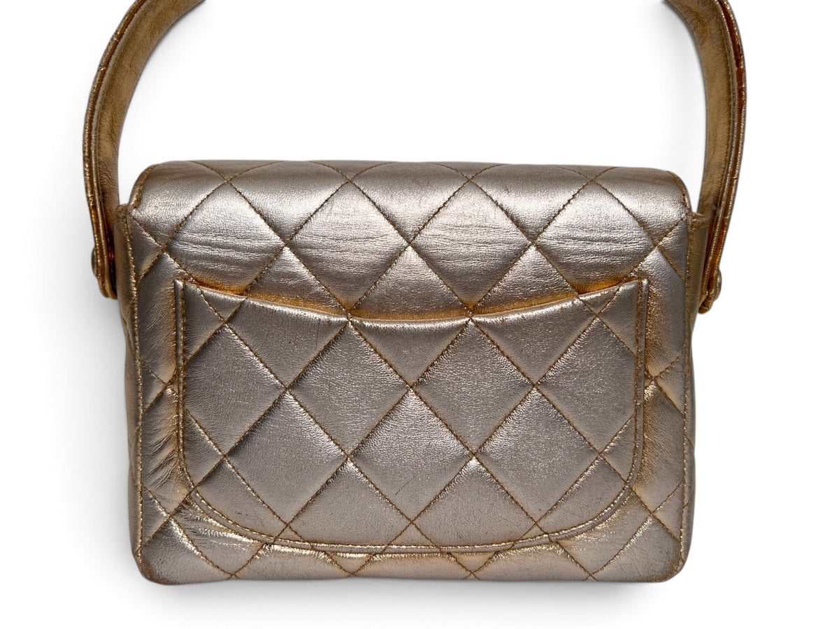Chanel 1994–1996 Gold Metallic Quilted Matelassé Mini Top Handle Flap Bag