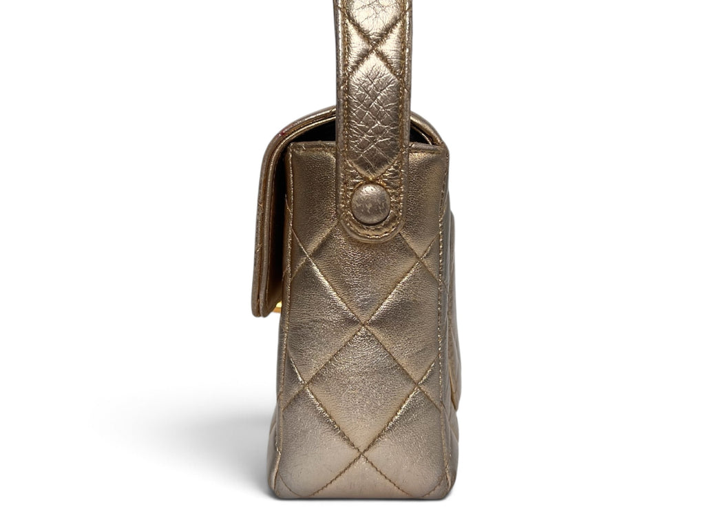 Chanel 1994–1996 Gold Metallic Quilted Matelassé Mini Top Handle Flap Bag