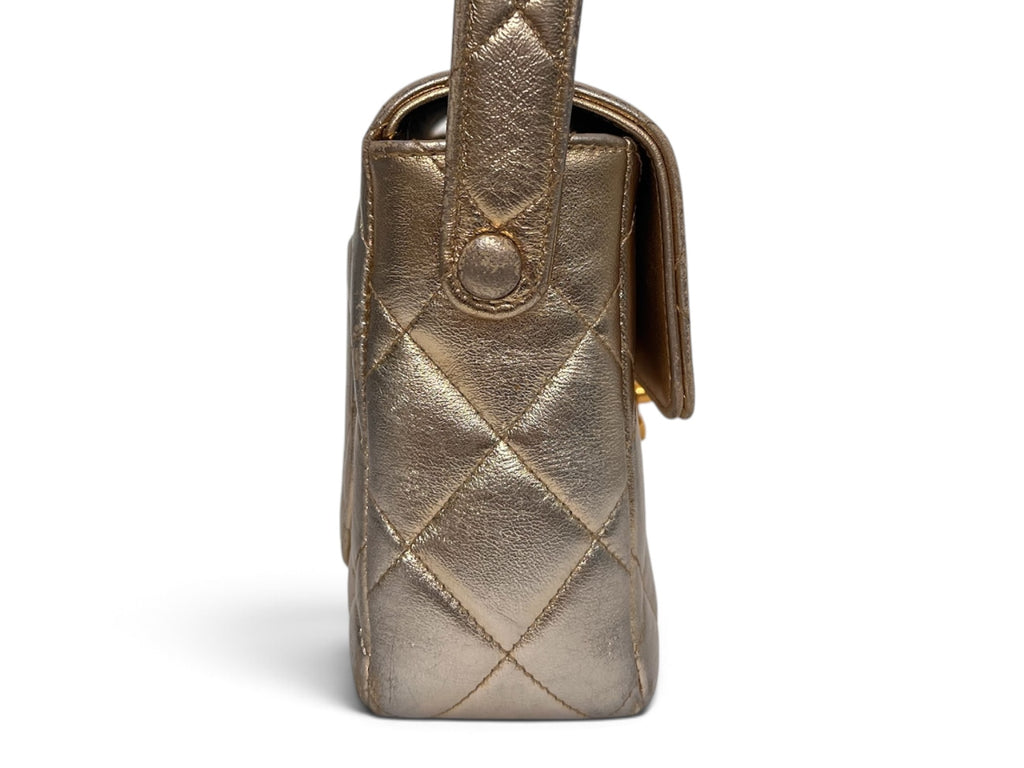 Chanel 1994–1996 Gold Metallic Quilted Matelassé Mini Top Handle Flap Bag