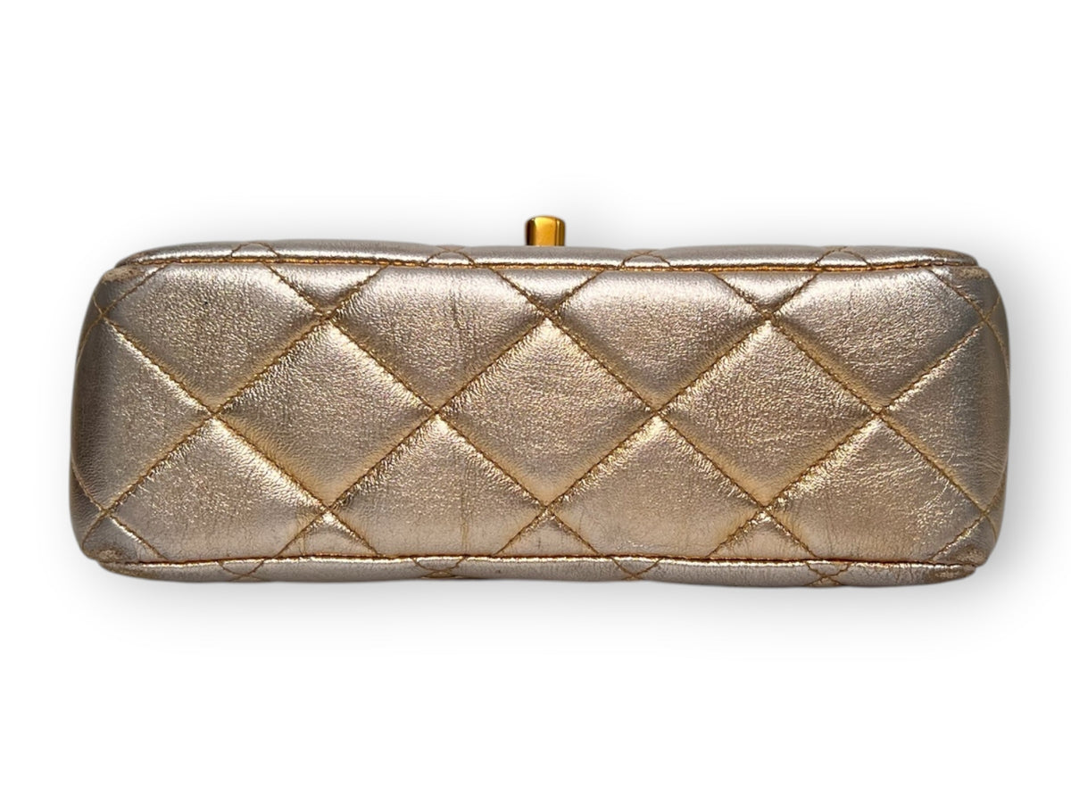 Chanel 1994–1996 Gold Metallic Quilted Matelassé Mini Top Handle Flap Bag