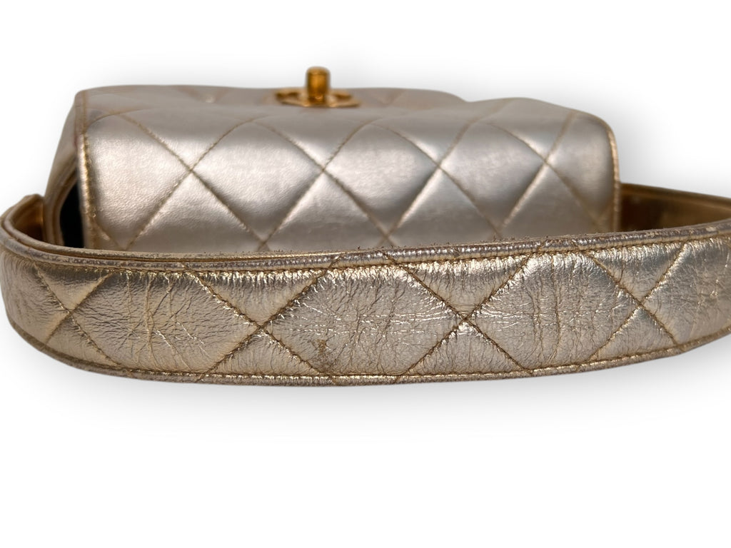 Chanel 1994–1996 Gold Metallic Quilted Matelassé Mini Top Handle Flap Bag