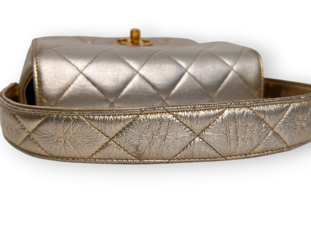 Chanel 1994–1996 Gold Metallic Quilted Matelassé Mini Top Handle Flap Bag