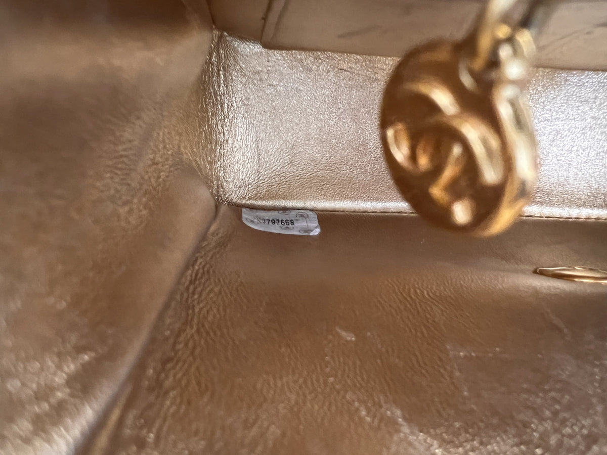Chanel 1994–1996 Gold Metallic Quilted Matelassé Mini Top Handle Flap Bag