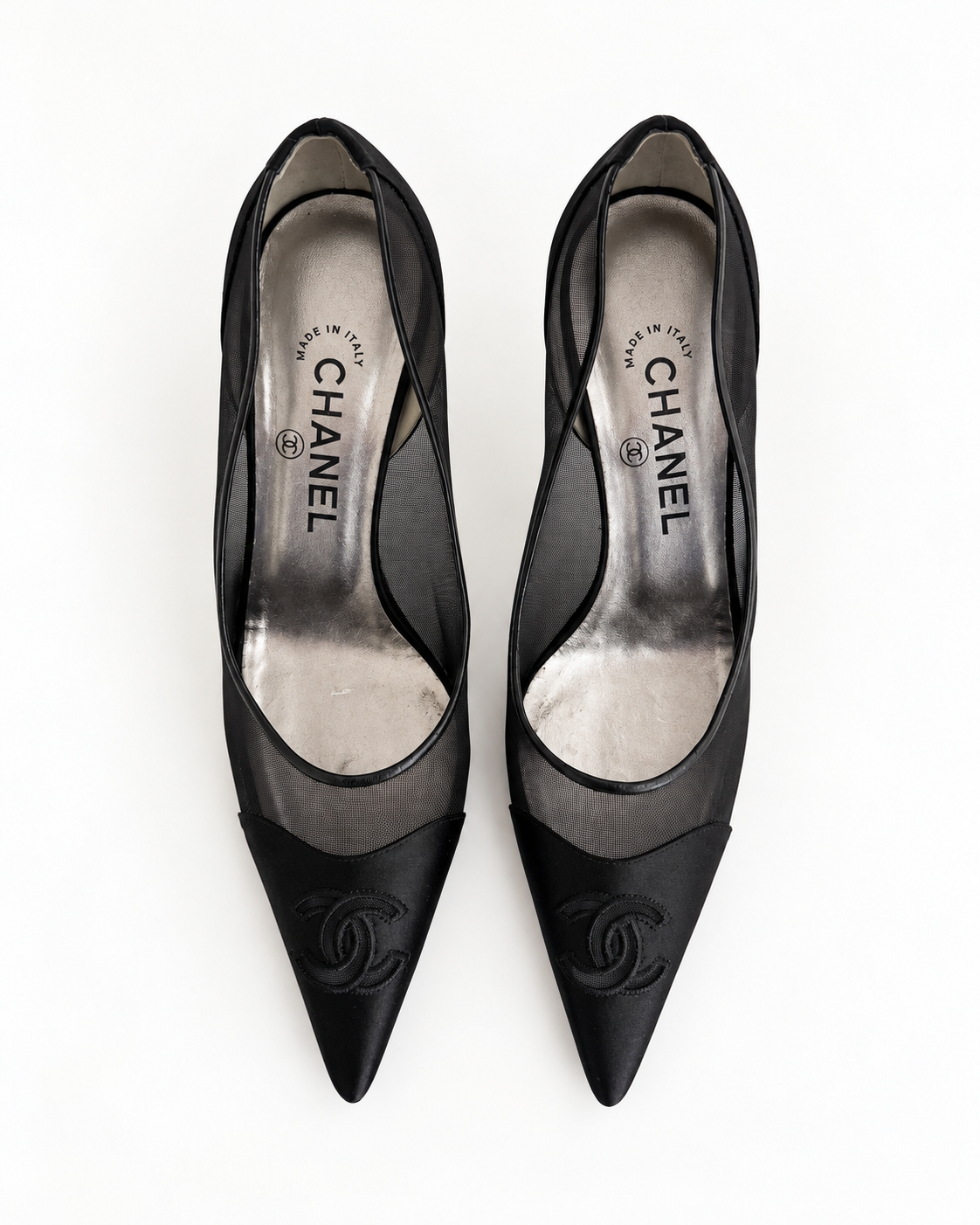 Chanel Black Satin & Sheer Mesh Pointed Toe CC Logo Pumps Size 37