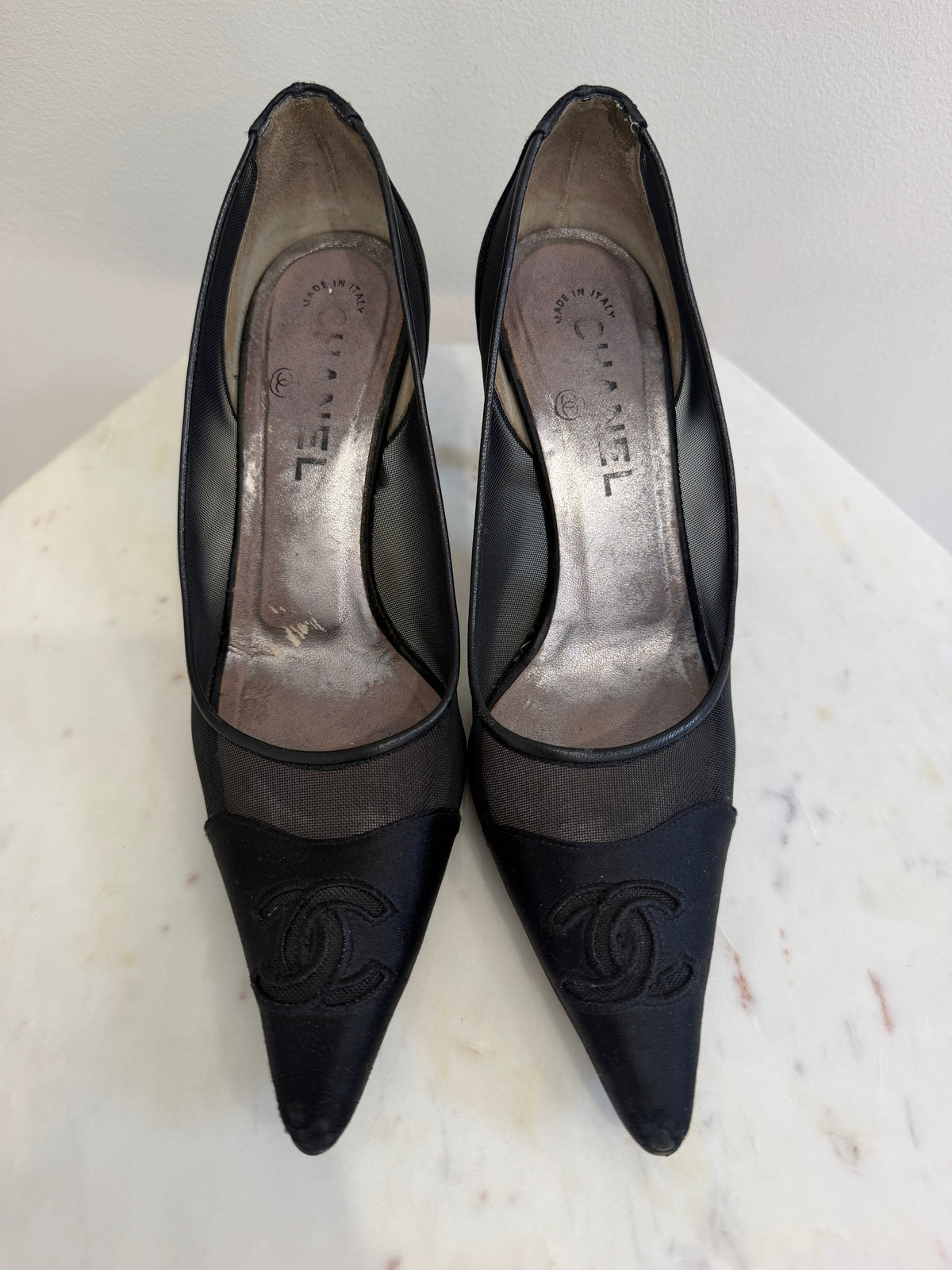 Chanel Black Satin & Sheer Mesh Pointed Toe CC Logo Pumps Size 37