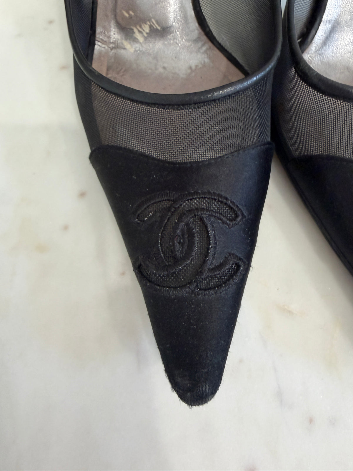 Chanel Black Satin & Sheer Mesh Pointed Toe CC Logo Pumps Size 37
