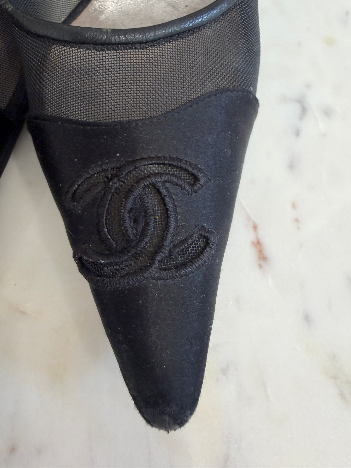 Chanel Black Satin & Sheer Mesh Pointed Toe CC Logo Pumps Size 37