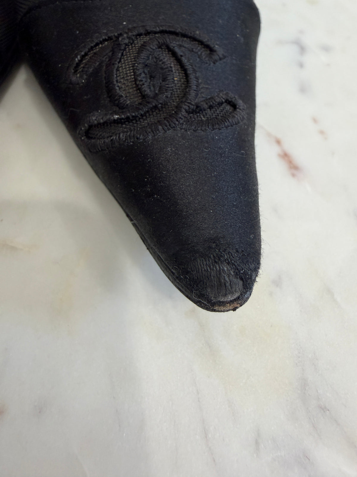 Chanel Black Satin & Sheer Mesh Pointed Toe CC Logo Pumps Size 37