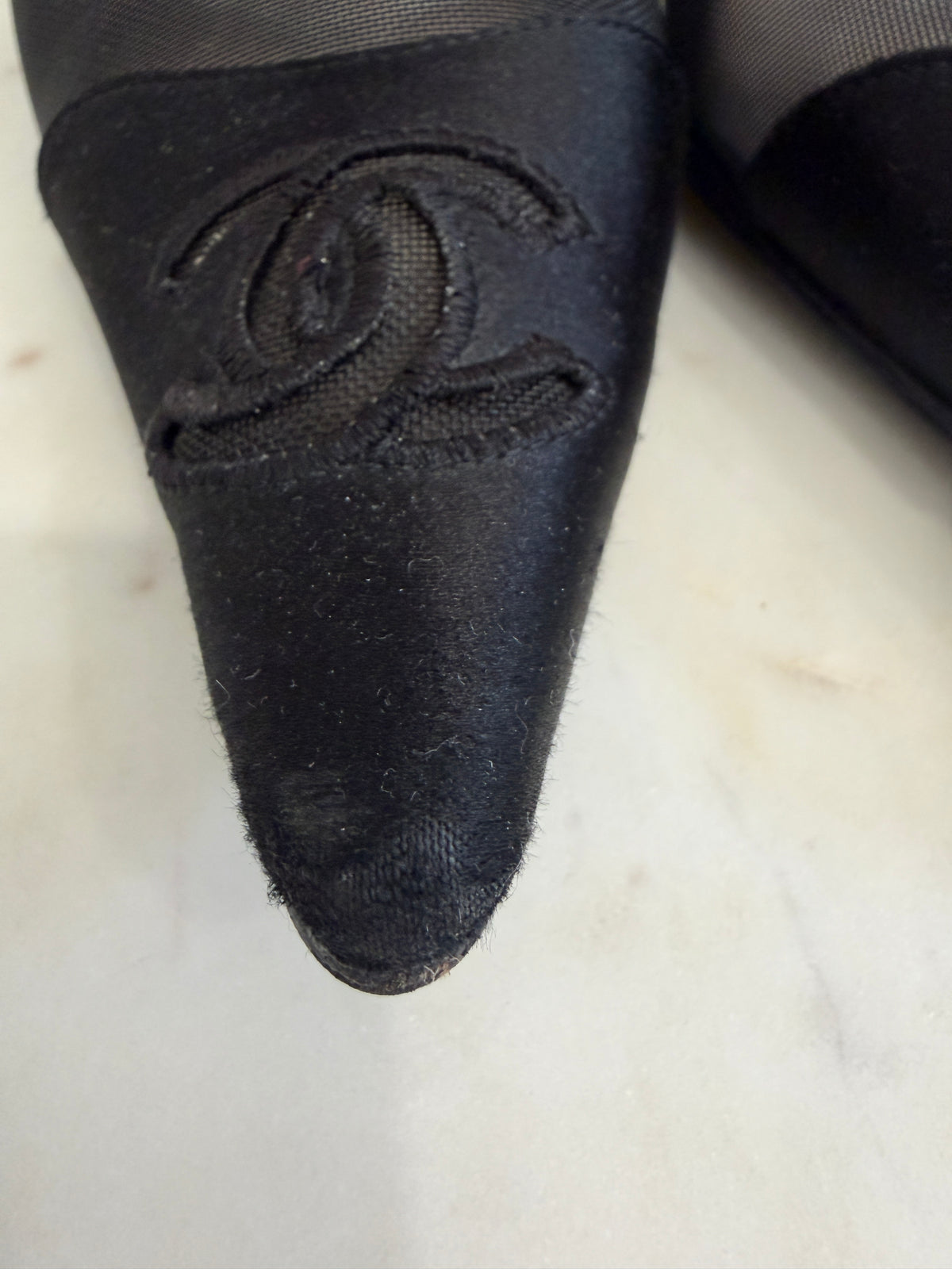 Chanel Black Satin & Sheer Mesh Pointed Toe CC Logo Pumps Size 37