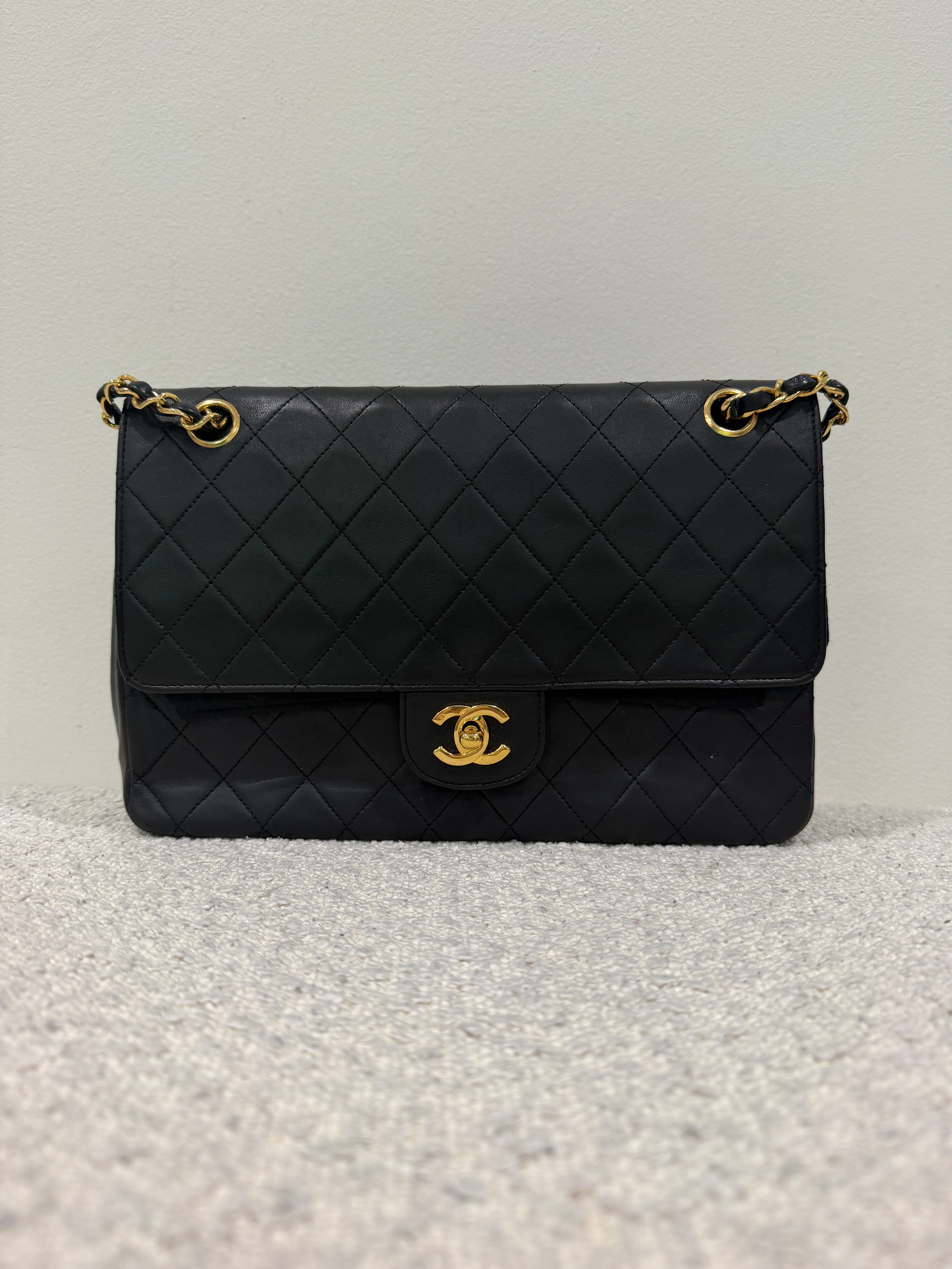 Chanel Classic Medium Double Flap Bag Black Lambskin Leather 24K Gold Hardware