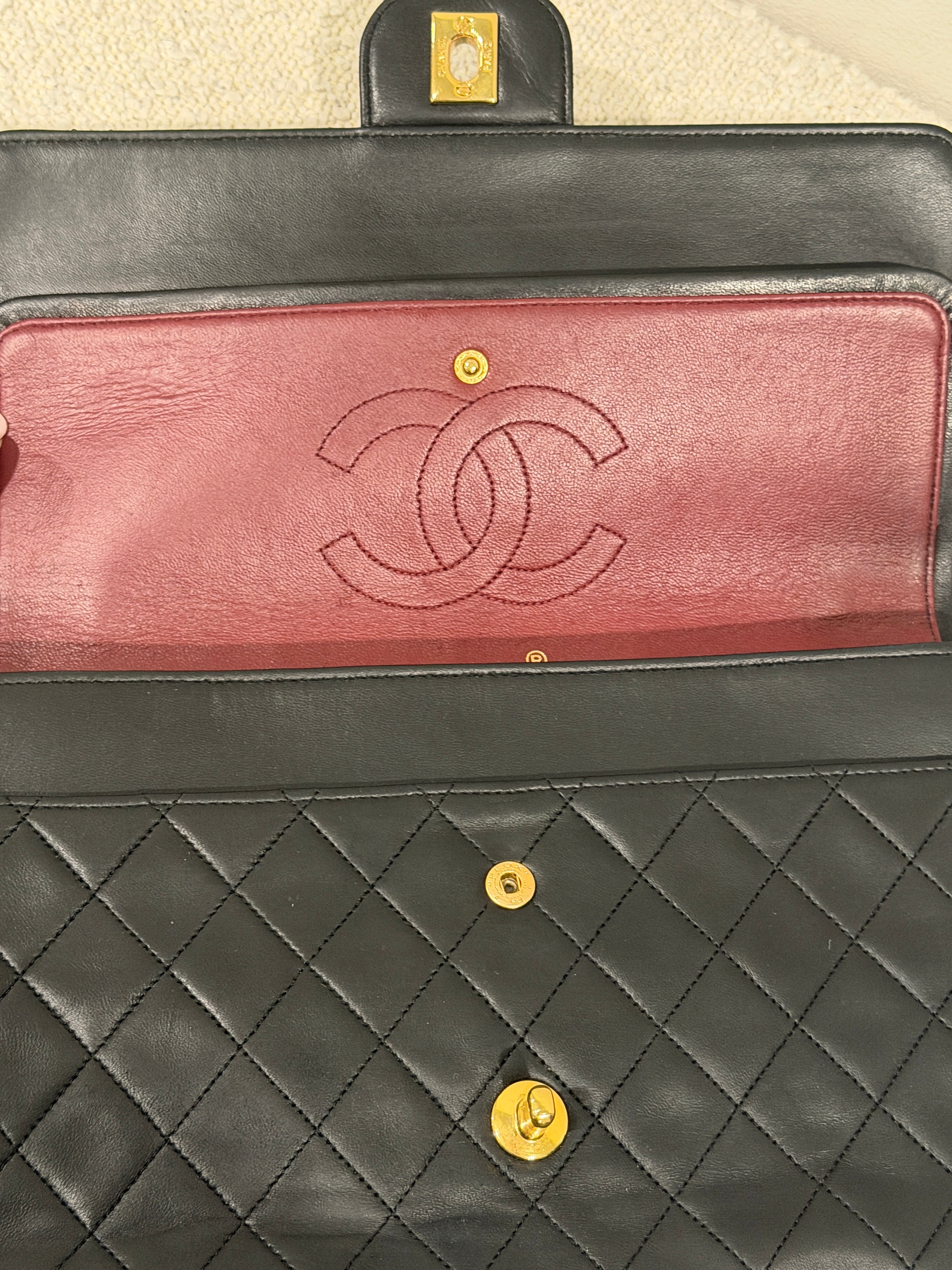 Chanel Classic Medium Double Flap Bag Black Lambskin Leather 24K Gold Hardware