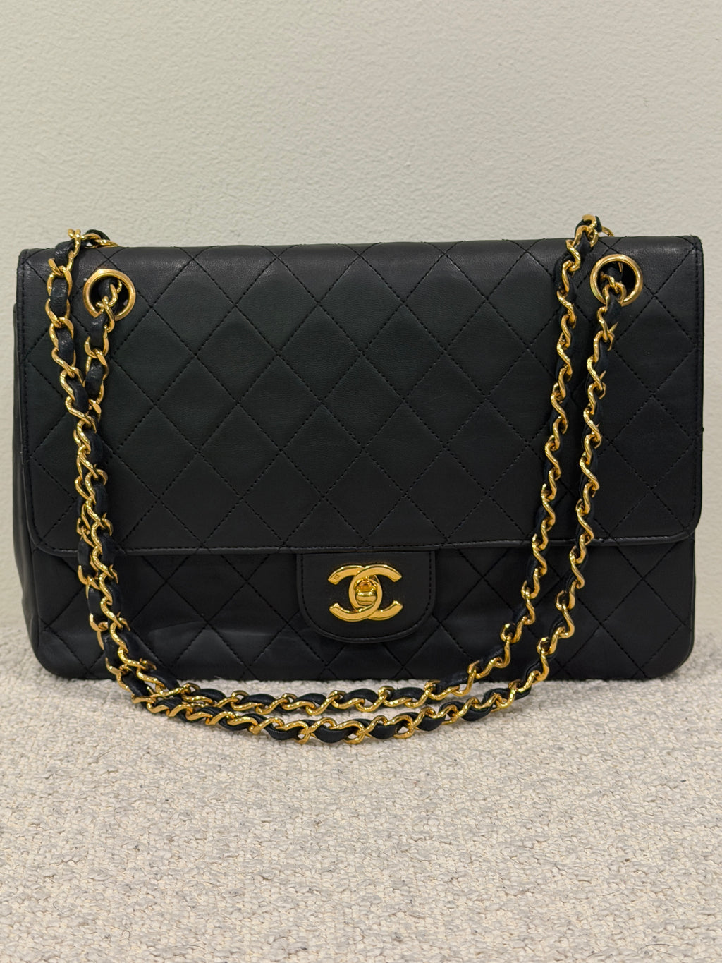 Chanel Classic Medium Double Flap Bag Black Lambskin Leather 24K Gold Hardware