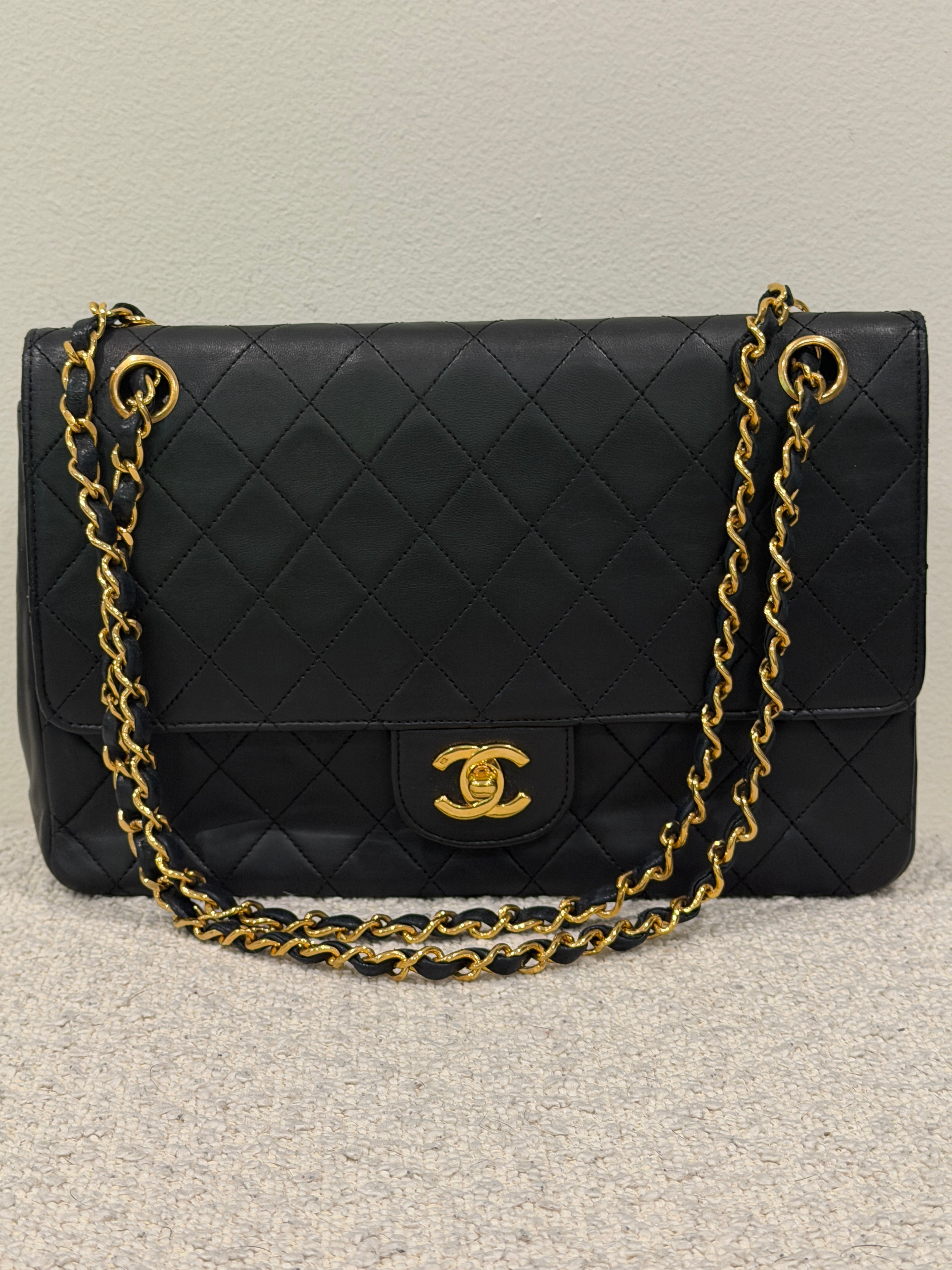 Chanel Classic Medium Double Flap Bag Black Lambskin Leather 24K Gold Hardware