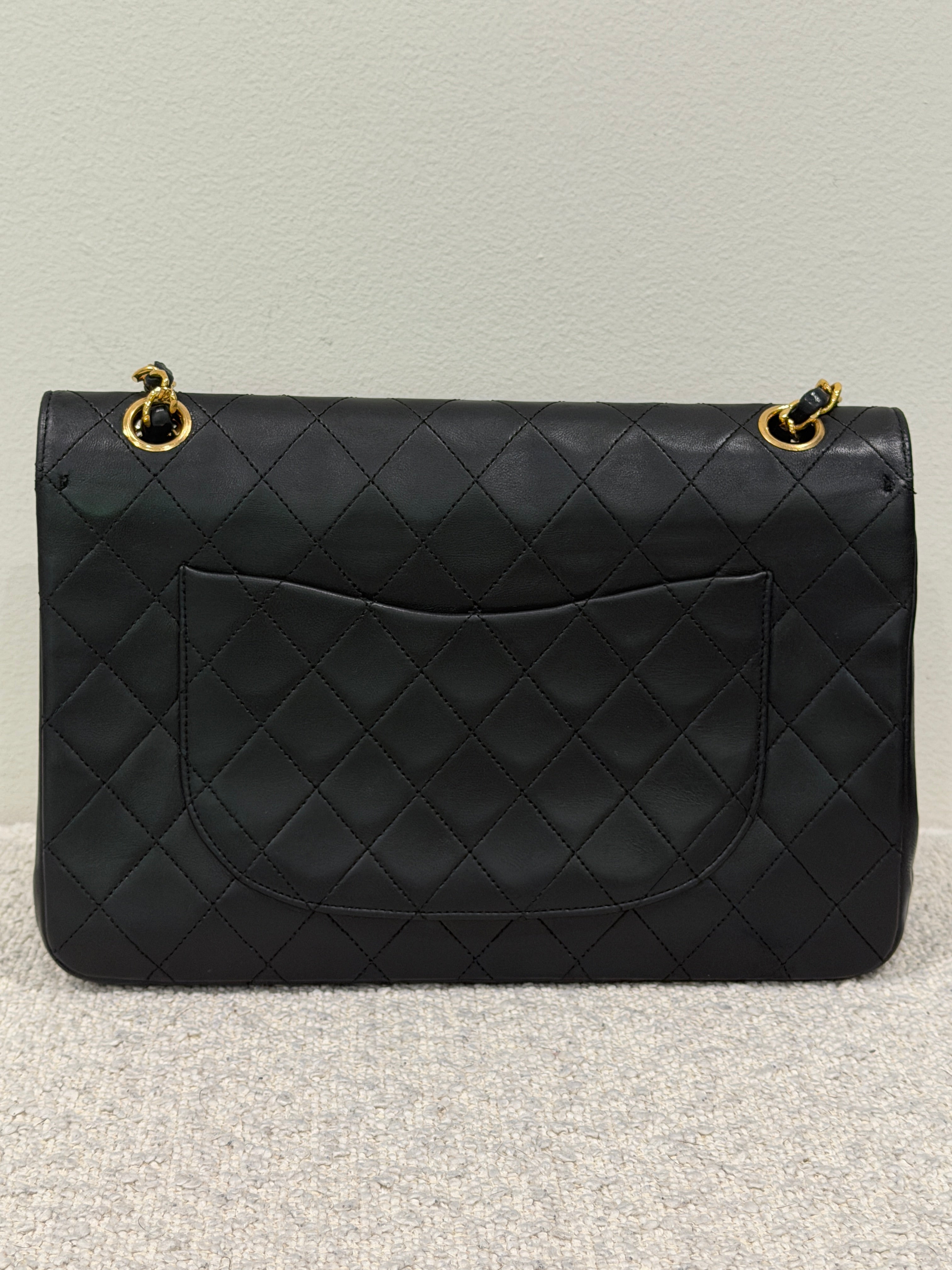 Chanel Classic Medium Double Flap Bag Black Lambskin Leather 24K Gold Hardware