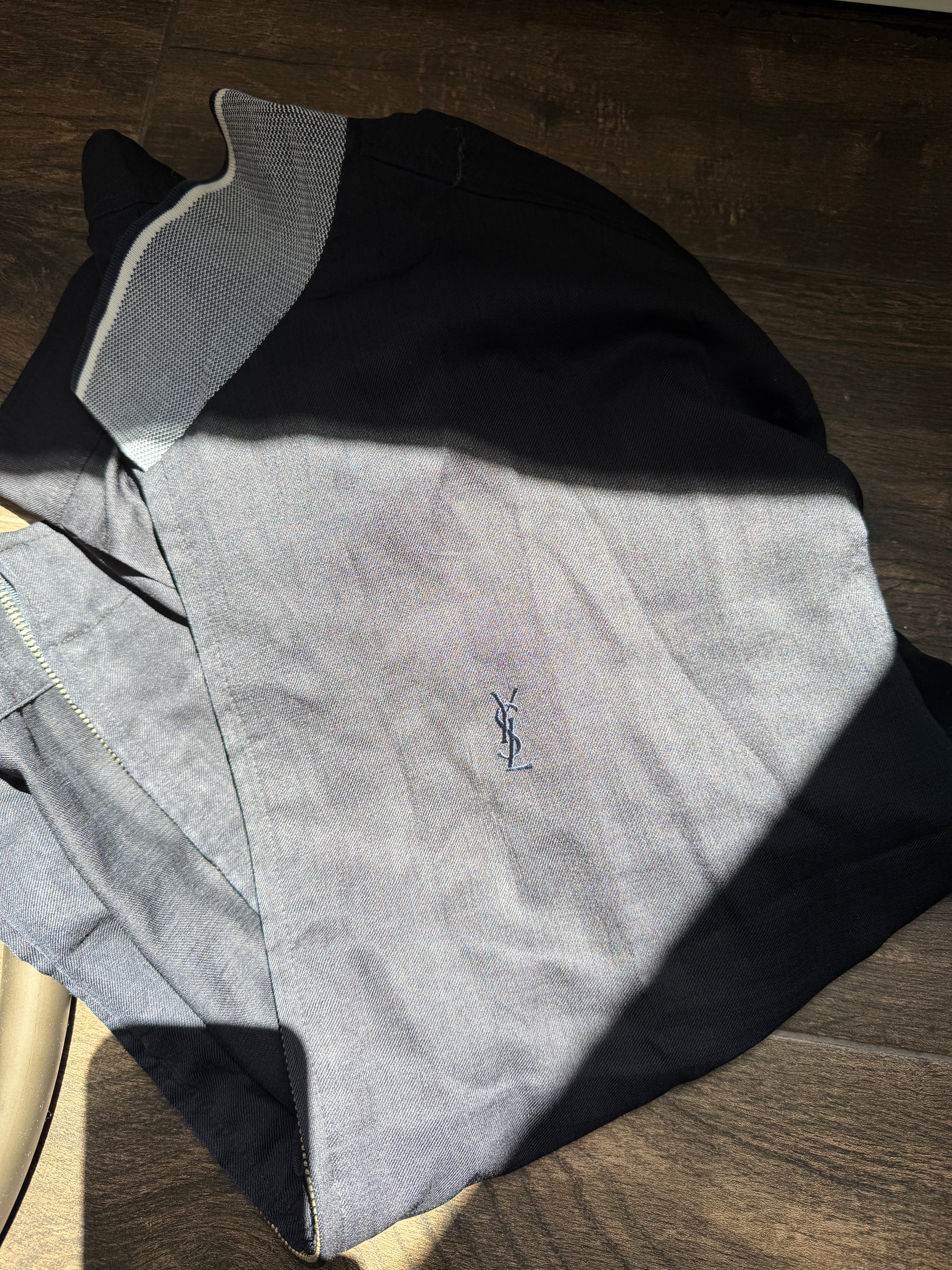 Saint Laurent Linen Black Windbreaker Jacket with Blue YSL logo