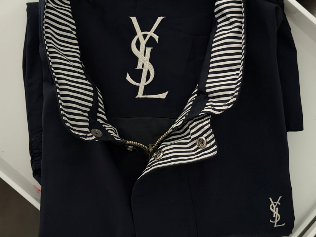 Yves Saint Laurent Vintage 90s Navy Windbreaker Jacket Stripe Lining White YSL Logo Hidden Hood Size 105