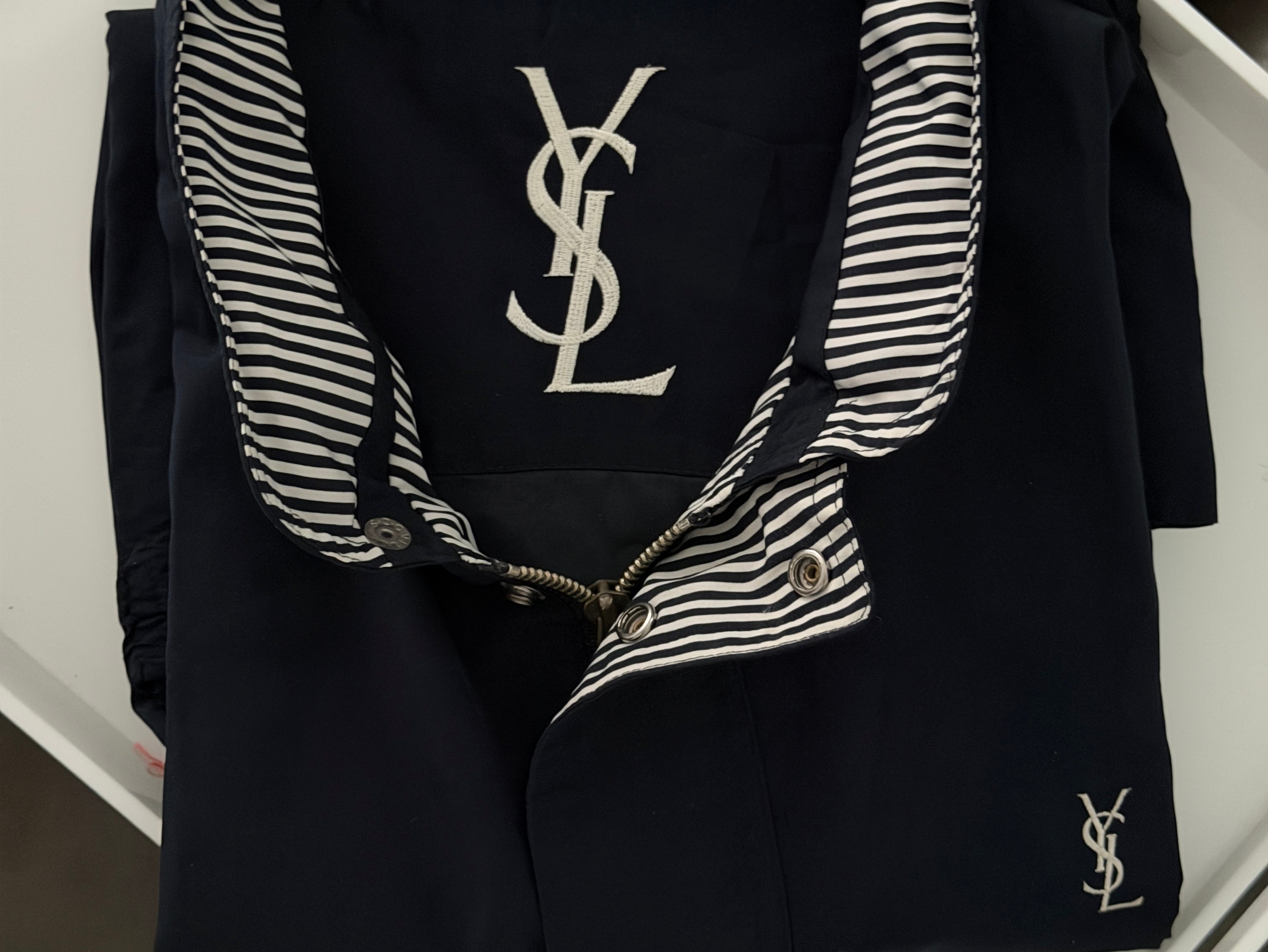 Yves Saint Laurent Vintage 90s Navy Windbreaker Jacket Stripe Lining White YSL Logo Hidden Hood Size 105