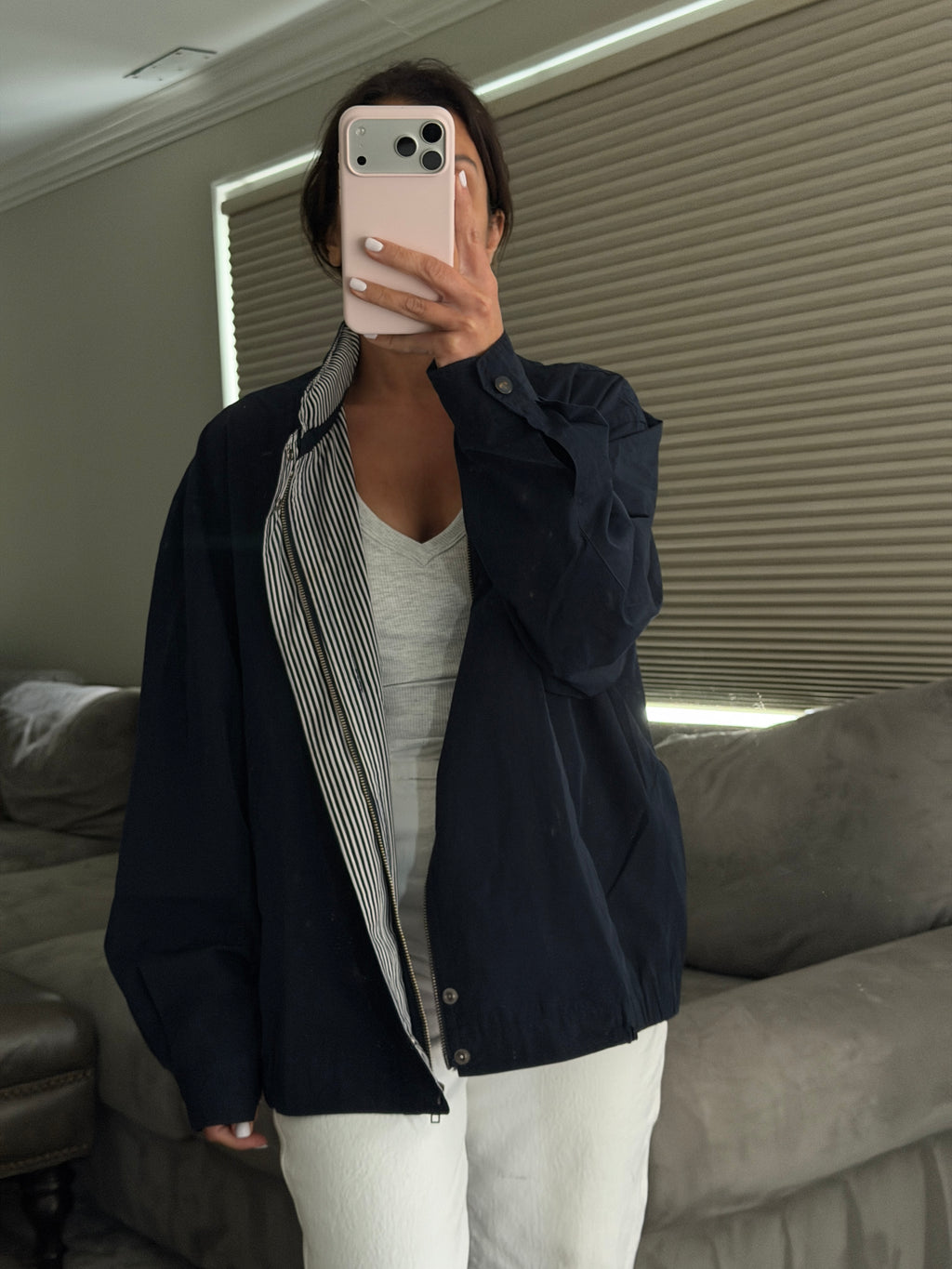 Yves Saint Laurent Vintage 90s Navy Windbreaker Jacket Stripe Lining White YSL Logo Hidden Hood Size 105